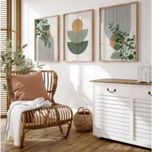 Frameless Green Geometric Plant Canvas Painting Art Printing,Mid-century Modern Gallery Wall Art,Living Room Bedroom Wall Decor