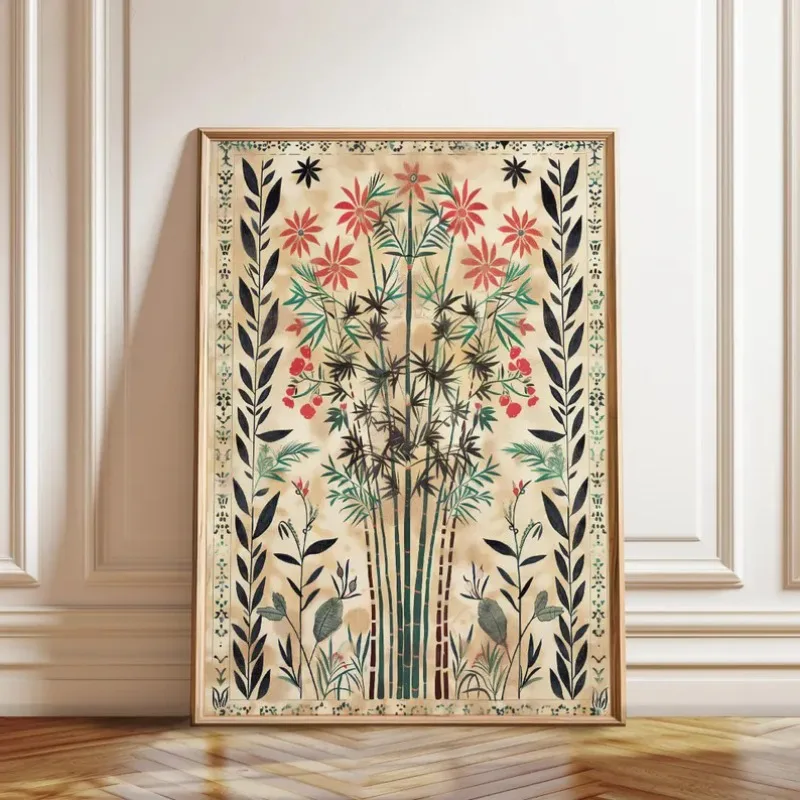 Indian Colourful Floral Bamboo Poster Traditional Botanical and Bird Illustration Canvas Painting Wall Art for Room Home Decor - Image 4