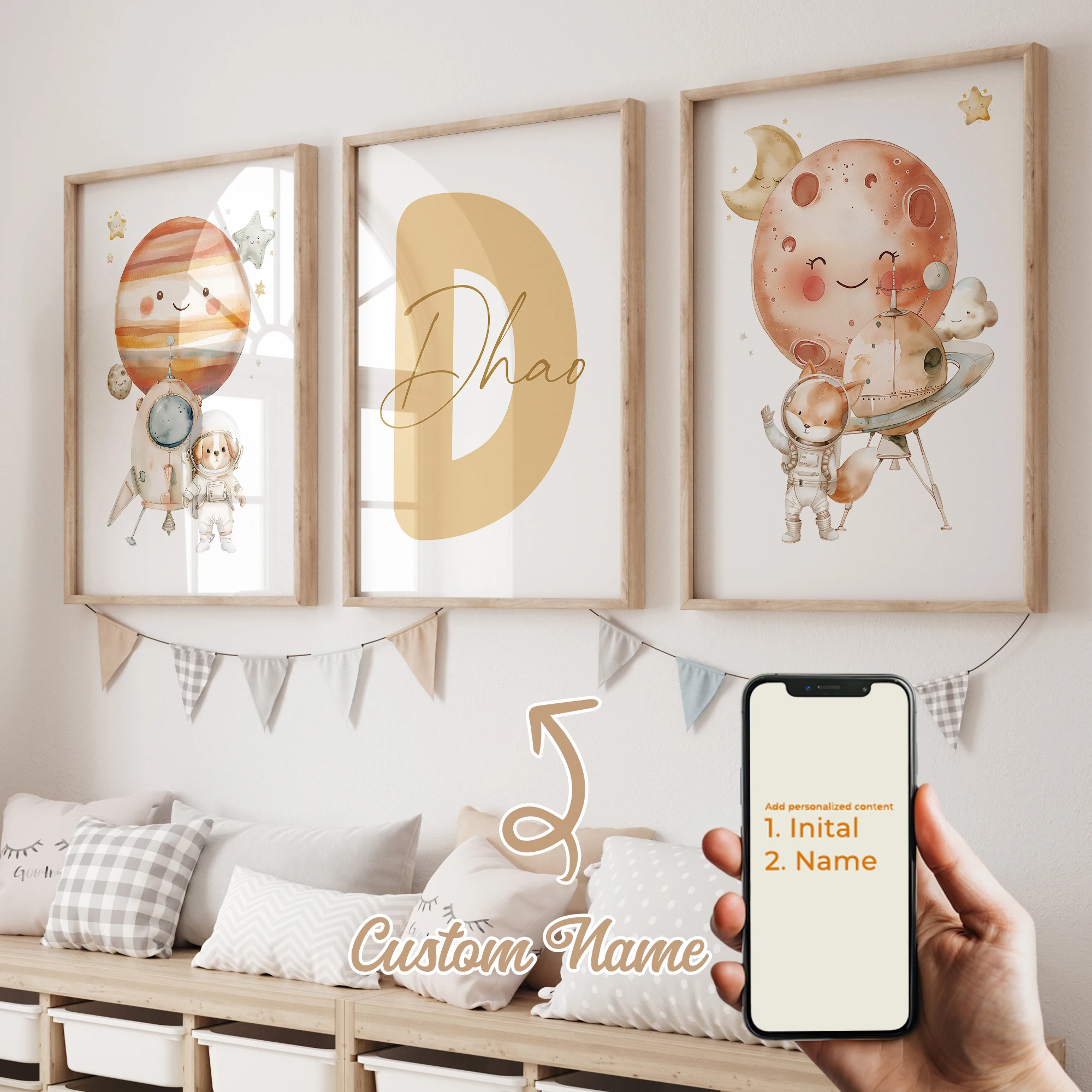 3pcs Personalized Custom Name Cartoon Planet Astronaut Wall Art Print Picture Canvas Poster Painting For Living Room Home Decor - Image 4