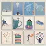 Minimalist Girl Read Book Balloon Posters Daily Life Wall Art Canvas Painting Prints Cup Abstract Pictures for Living Room Decor