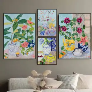 Chinoiserie Floral Still Life Poster Colourful Porcelain Teapot Vase Botanical Flower Canvas Painting Wall Art Room Home Decor