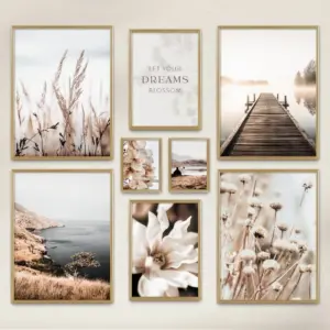 Artistic Flower Cottage Mosaic Beige Vintage Natural Landscape Poster Canvas Wall Art Home Decor