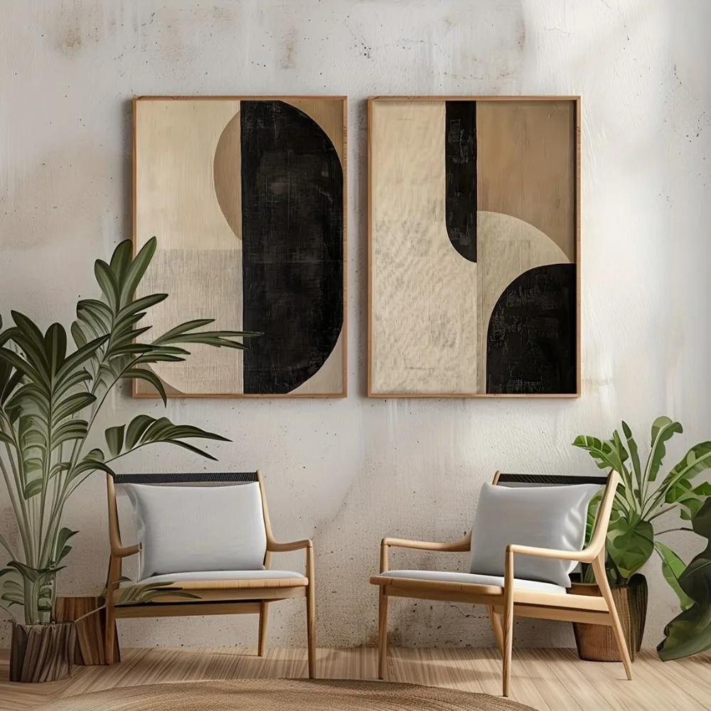 2 Frameless Retro Geometric Abstract Japanese Wall Art Posters Canvas Printing Black Beige Simple Living Room Modern Home Decor - Image 3