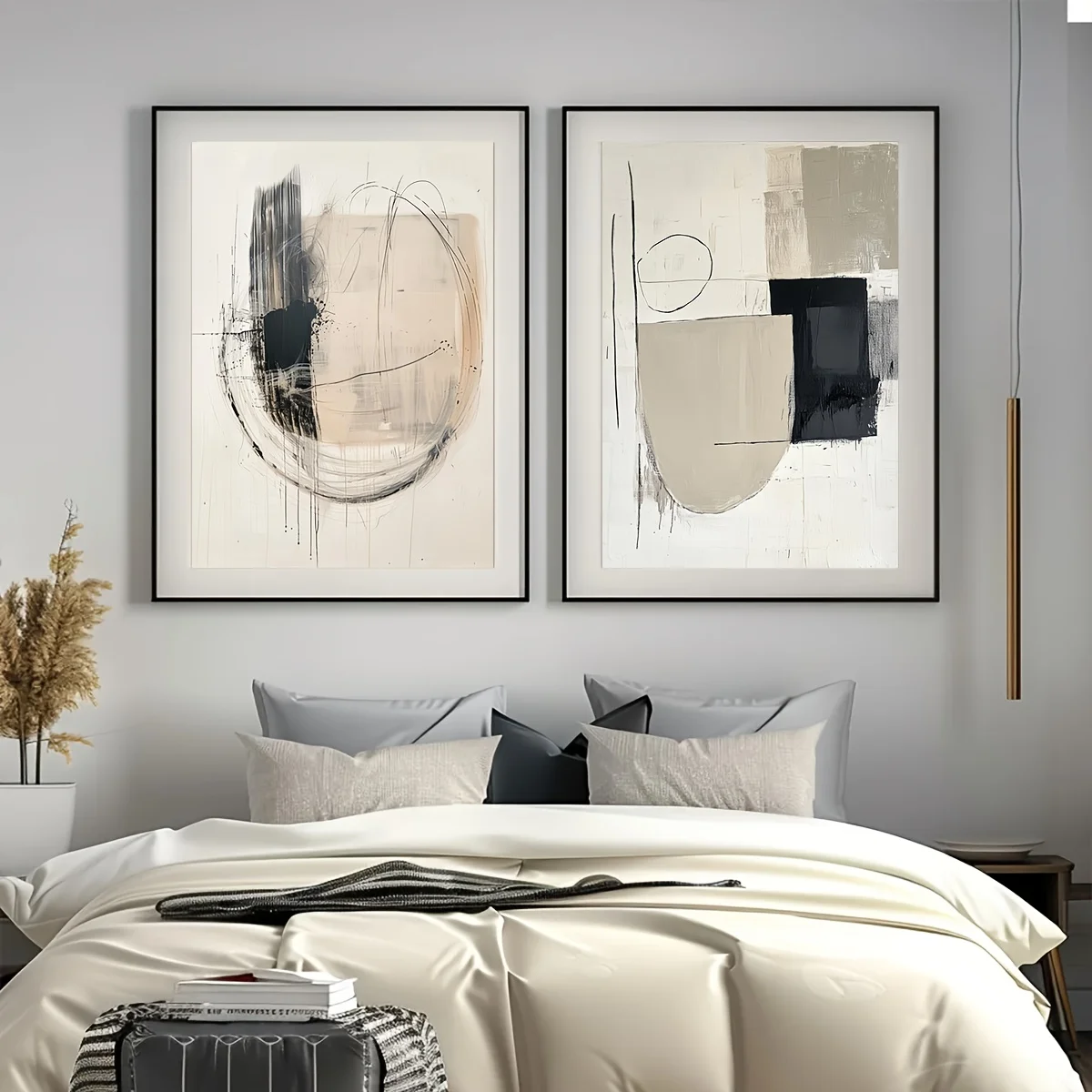 Set of 2 Minimalist Round Geometric Abstract Wall Art Poster Black and Beige Neutral Wall Posters Living Room Bedroom Decor Gift - Image 2