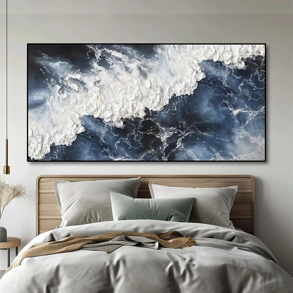 1PC Frameless Abstract Blue Beach Waves Landscape Posters Canvas Painting Artwork Wall Art for Living Room Home Office Decor - Image 3