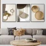 3PCS Frameless Abstract Beige and Gold Geometric Poster Modern Wall Art Pictures Minimalist Canvas Painting for Living Room Home