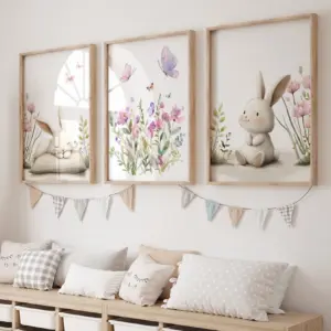 3pcs Cartoon Children Rabbit Flower Butterfly Wall Art Prints Canvas Painting Poster Picture For Living Room Home Decor