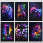 Watercolor Neon Video Game Posters XBOX Prints GamePad Headset Canvas Painting Gaming Wall Art Boys Gamer Room Home Decor