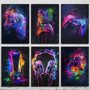 Watercolor Neon Video Game Posters XBOX Prints GamePad Headset Canvas Painting Gaming Wall Art Boys Gamer Room Home Decor