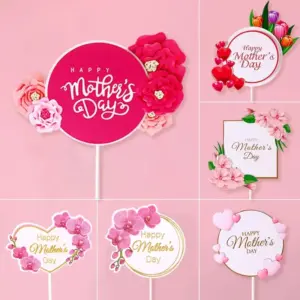 5pcs Happy Mother's Day Cake Toppers Pink Heart Flower Decoration Mothers Day Gift Birthday Party Cake Dessert Decor Supplies