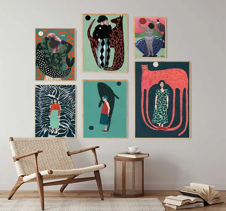 Nordic Canvas Painting for Home Decor, Woman Illustration Posters, Fish and Animals Prints, Jagua Wall Art, Living Room Image - Image 3