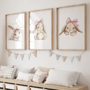 3pcs Cartoon Children Pink Bow Rabbit Wall Art Prints Canvas Painting Poster Picture For Living Room Home Decor
