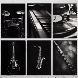 Modern Black and White Music Instrument Poster Guitar Drum Piano Trumpet Canvas Painting Wall Art Living Room Home Decor Mural