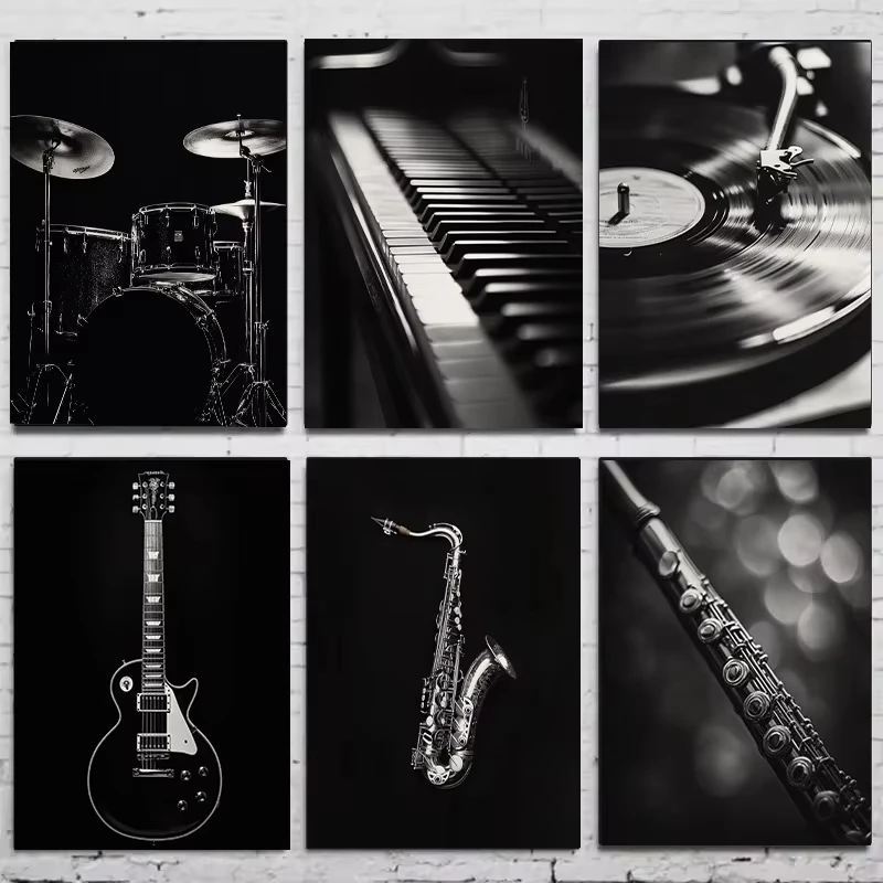 Modern Black and White Music Instrument Poster Guitar Drum Piano Trumpet Canvas Painting Wall Art Living Room Home Decor Mural