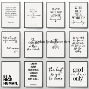 Canvas Printing Positive Energy Phrases Motivational Words Quotes Poster Black and White Minimalist Wall Art Pictures Home Decor