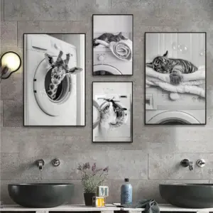 Cute Giraffe Penguin Tiger in Washing Machine Poster Laundry Room Decor Picture Funny Laundry Wall Art Utility Room Print Canvas