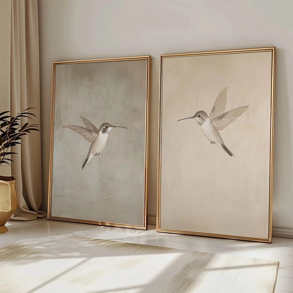 2pcs/set of Retro Hummingbird Animal Canvas Prints Minimalist Retro Bird Farmhouse Wall Art Posters for Living Room Home Decor