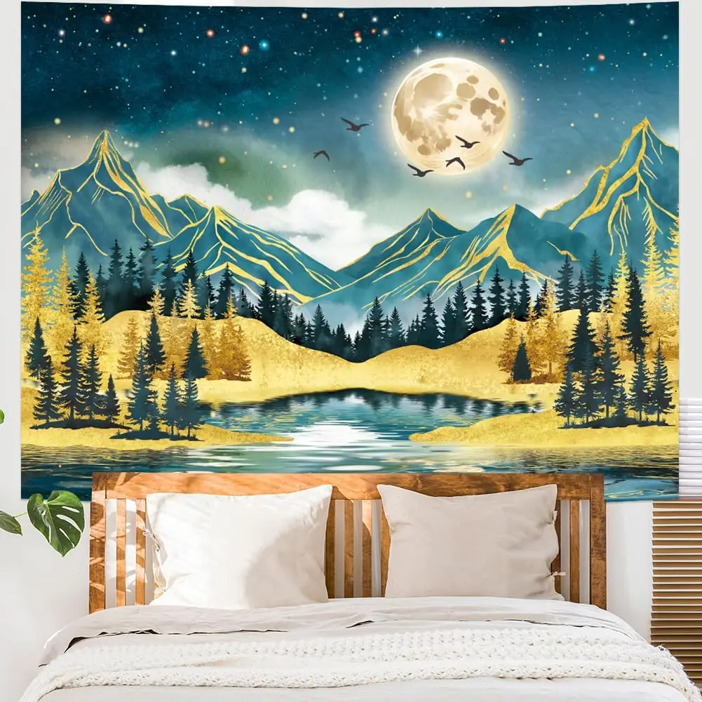Watercolor Mountain Tapestry Starry Moon Night Tapestries Forest Trees Wall Tapestry Aesthetic Nature Landscape Wall Hanging - Image 2