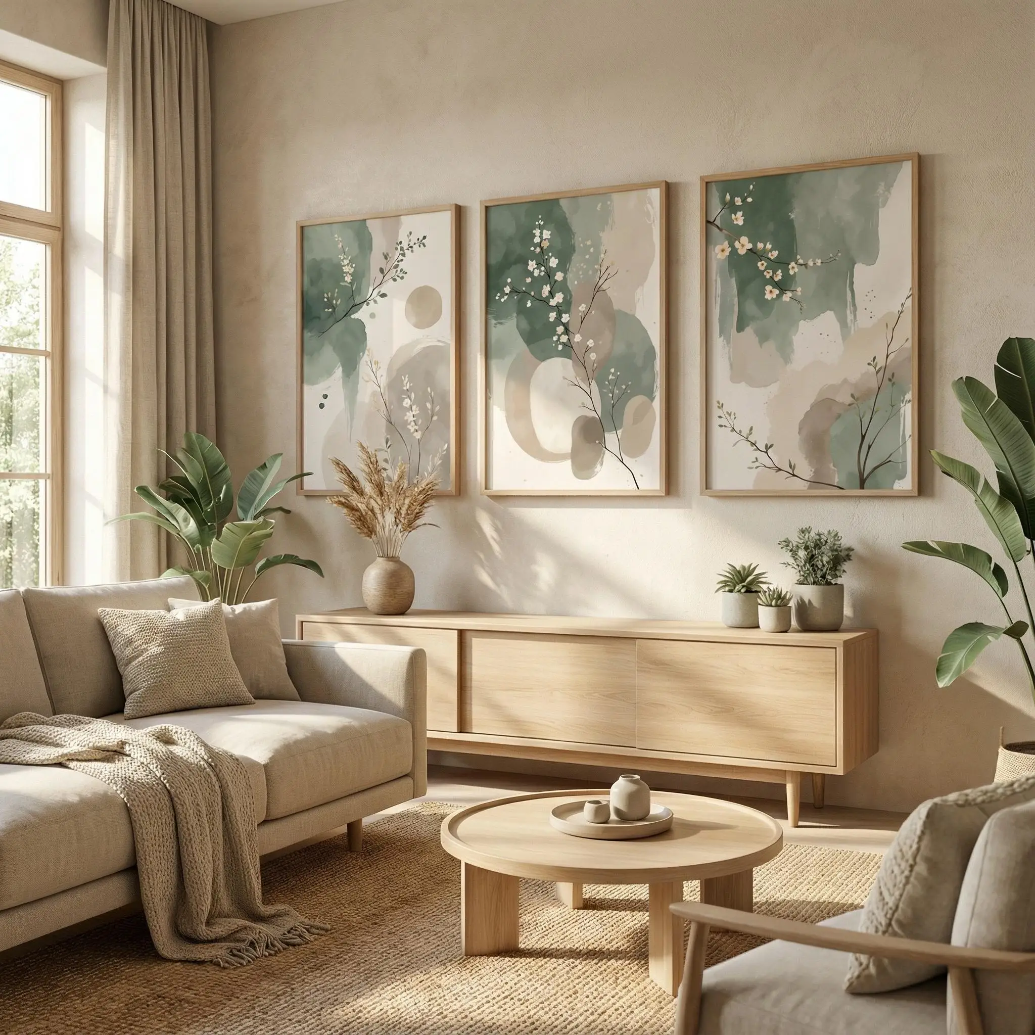 3PC Japandi Botanical Wall Art Poster Abstract Watercolor Leaves Sage Spring Green Beige Prints Modern Zen Decor Home Decor - Image 3