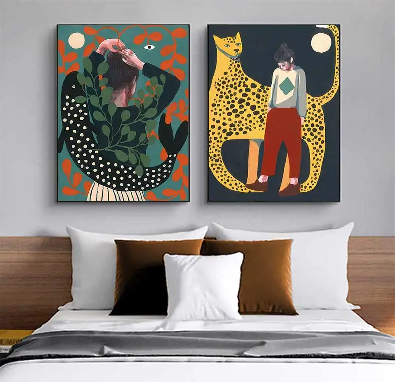 Nordic Canvas Painting for Home Decor, Woman Illustration Posters, Fish and Animals Prints, Jagua Wall Art, Living Room Image - Image 2