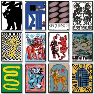 Frameless Mid-century Abstract Canvas Painting - Retro Mind Maze Wall Art for Living Room Home Decor