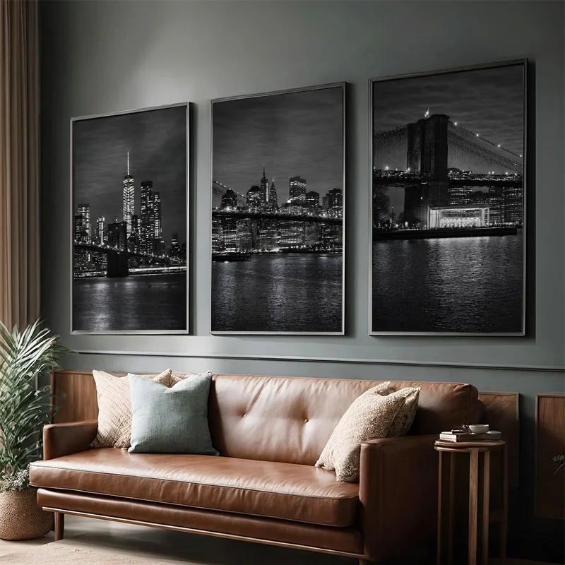 Black White New York City Nightscape Poster Brooklyn Bridge Manhattan Skyline Wall Art Bedroom Living Room Hallway Home Decor