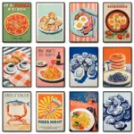 Vintage Food Poster Eggs Bacon Spaghetti Pancakes Seafood Cheese Canvas Painting Wall Art Picture Kitchen Restaurant Home Decor