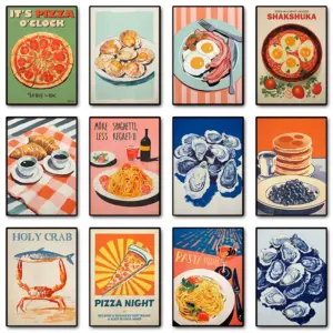 Vintage Food Poster Eggs Bacon Spaghetti Pancakes Seafood Cheese Canvas Painting Wall Art Picture Kitchen Restaurant Home Decor