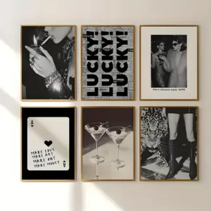 6pcs Black White Leopard Cocktail Food Canvas Print Y2K Inspired Playing Card Wall Art Poster for Modern Living Room Home Decor