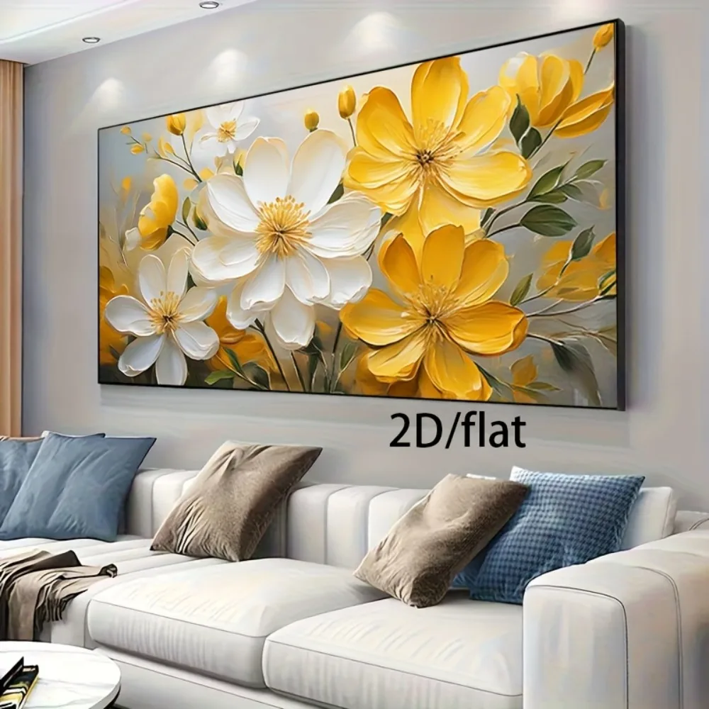 Flat 2D White and Yellow Flower Abstract Canvas Prints Poster Modern Floral Large Horizontal Art Prints Wall Art Home Decor