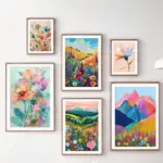 Abstract Illustration Art Distant Mountain Flowers Colorful Nature Landscape Posters Wall Art Canvas Painting Nordic Room Decor