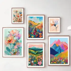 Abstract Illustration Art Distant Mountain Flowers Colorful Nature Landscape Posters Wall Art Canvas Painting Nordic Room Decor