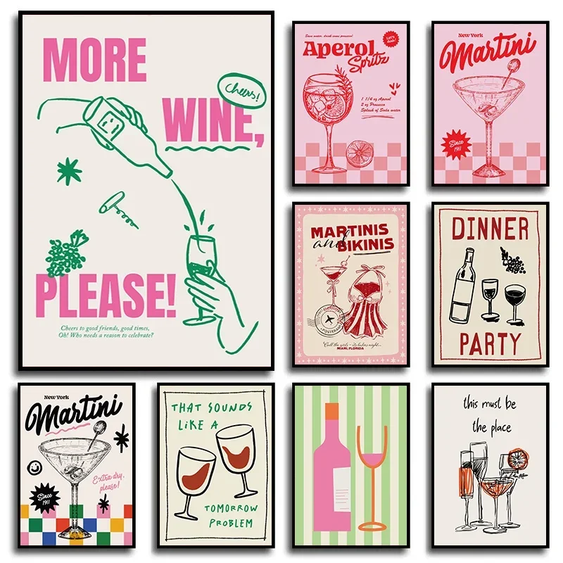 Retro Cocktail Mojito Wine Club Canvas Print Minimalist Bar Drink Food Wall Art Nordic Poster for Living Room Kitchen Home Decor