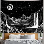 Starry Night Mountain Wall Tapestry - Black and White Celestial Landscape Wall Hanging for Bedroom and Living Room Decor