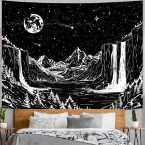 Starry Night Mountain Wall Tapestry - Black and White Celestial Landscape Wall Hanging for Bedroom and Living Room Decor