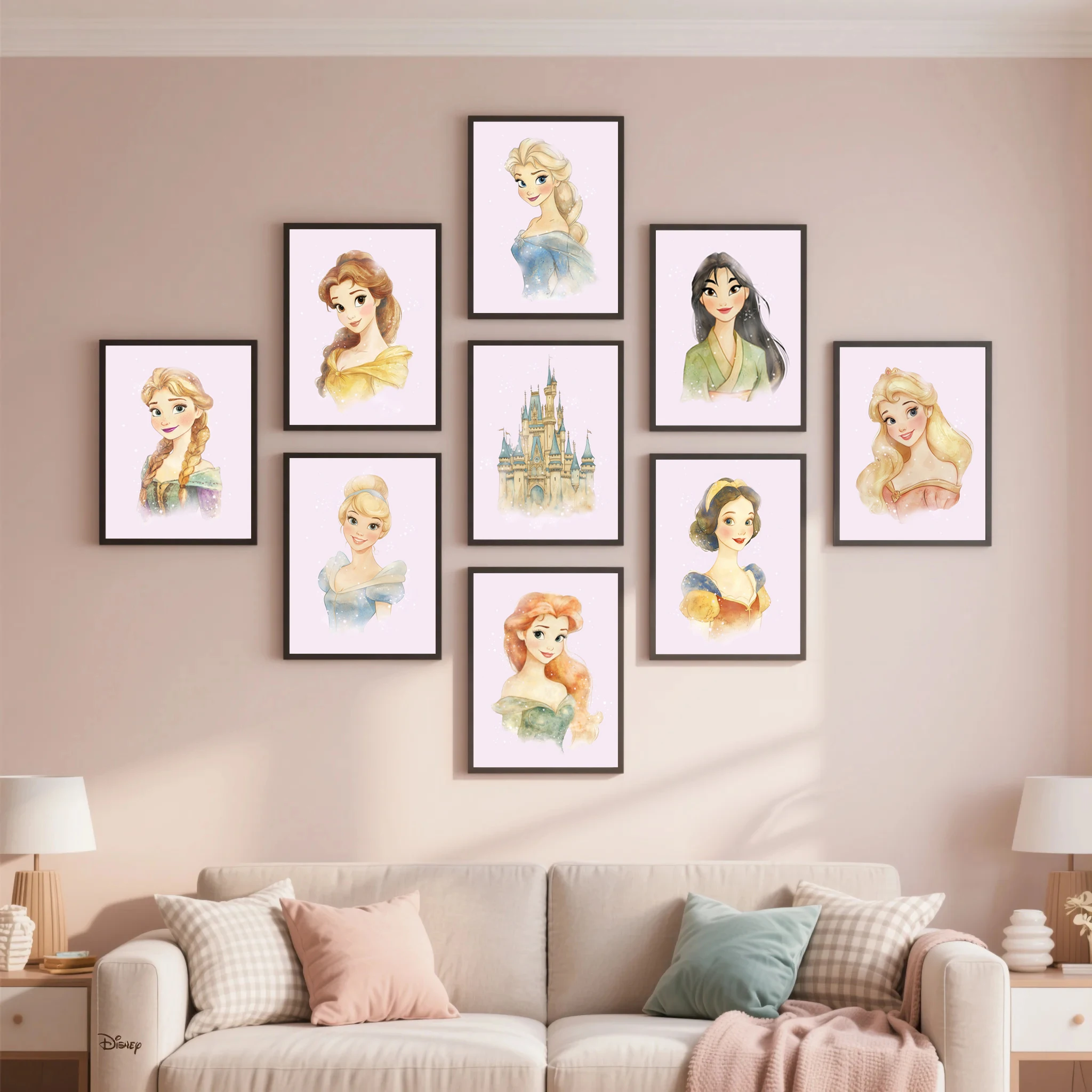 Pink Princess Castle Wall Art Prints Watercolor Nursery Cartoon Posters Boho Fairy Tale Canvas Painting Girls Room Decor