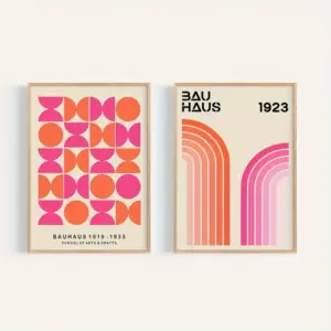 2pcs Set Mid-Century Geometric Bauhaus Canvas Prints Pink Orange, Frameless Wall Art for Modern Living Room,Bedroom,Dorm Decor