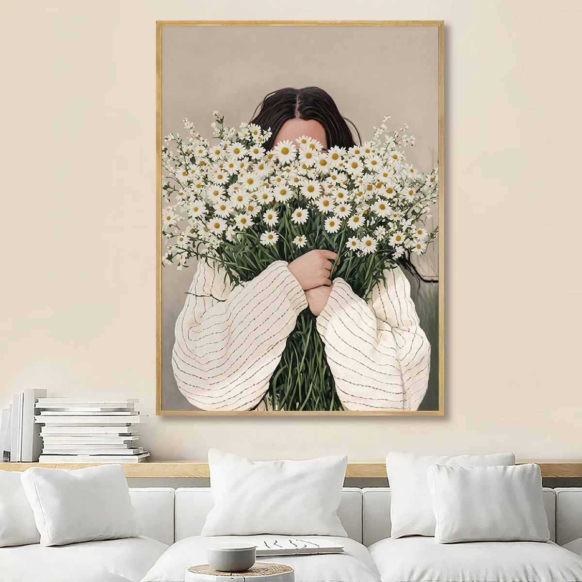 Green Abstract Figures Canvas Print with Flower Woman Minimalist Japandi Female Portrait Art Poster for Modern Living Room Decor - Image 6