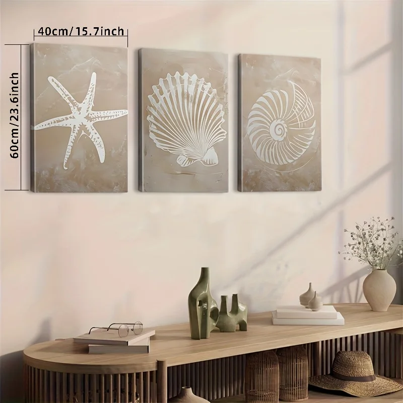 3pcs Modern Geometric Conch and Starfish Wall Decor, Frameless Seaside Charm Canvas Art for Living Room and Bedroom Decor Gifts - Image 3