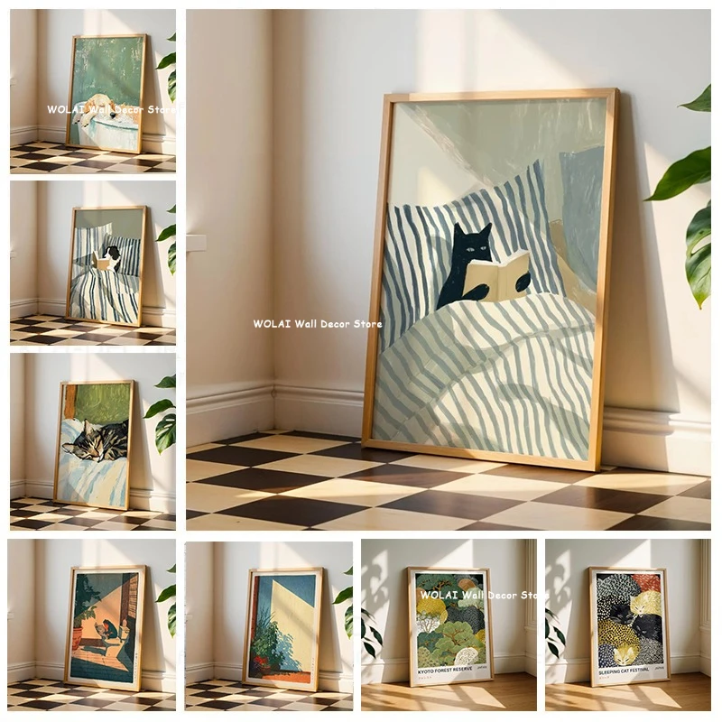 Japanese Frog &Cat Reading Bathroom Canvas Print Kyoto Forest Reserve Landscape Wall Art Poster Suitable for Modern Home Decor
