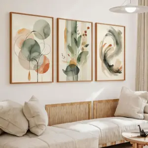3-Piece Set, Beige & Gray-Green Abstract Watercolor Wall Art, Plant and Geometric Patterns for Living Room Decoration, Japanese Wabi-Sabi Zen Wall Decor, Modern Minimalist Frameless Poster, Nature-Inspired Home Decor, Suitable for Bedroom, Office, Dormitory Canvas Painting