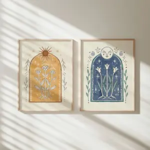Moon Sun Poster Fine Art Print Bohemian Home Gallery Wall Rustic Hanging Floral Yellow Hippie Decor Handmade