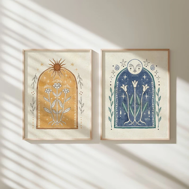 Moon Sun Poster Fine Art Print Bohemian Home Gallery Wall Rustic Hanging Floral Yellow Hippie Decor Handmade