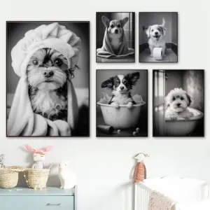 Vintage Black White Baby Dog In A Bathtub Bathroom Funny Animal Toilet Art Poster Print Canvas Painting Room Home Decor