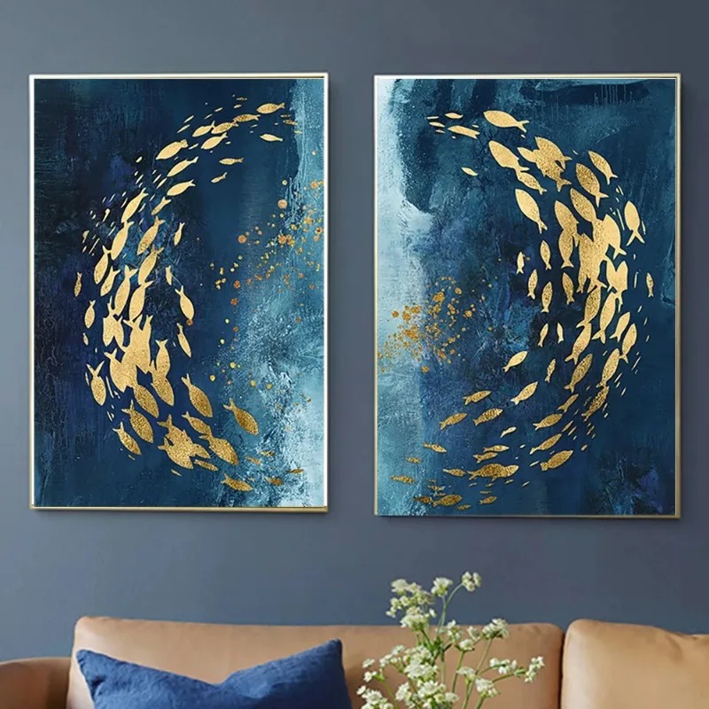 Abstract Gold Fish Blue Canvas Painting Posters and Prints Wall Art Aisle Luxurious Picture Cuadros for Living Room Home Decor - Image 4