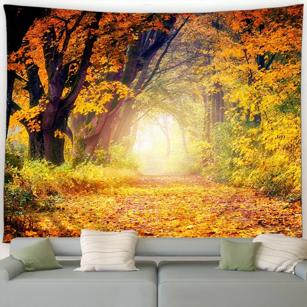 Autumn Forest Tapestry Natural Maple Tree Yellow Falling Leaves Rustic Landscape Fall Garden Wall Hanging Home Living Room Decor - Image 2