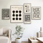 Abstract Bauhaus Style Geometric Posters Canvas Painting Black Linen Beige Background Pictures and Prints Wall Art Home Decor