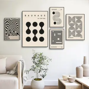 Abstract Bauhaus Style Geometric Posters Canvas Painting Black Linen Beige Background Pictures and Prints Wall Art Home Decor