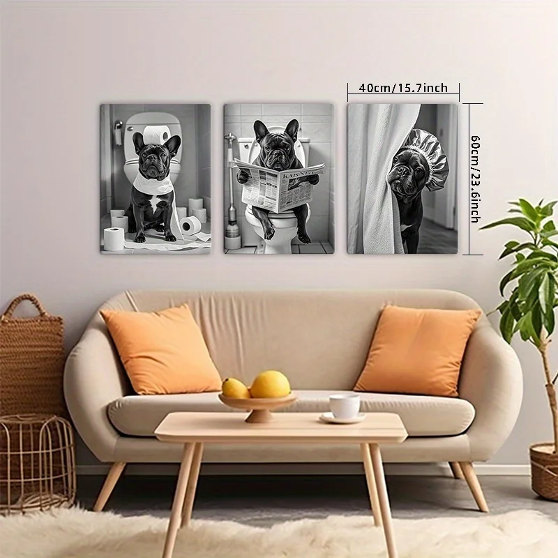 3 Piece Black and White French Bulldog Bathroom Wall Art - Humorous Dog Reading Newspaper Canvas Prints, Great for Home Decor - Image 3