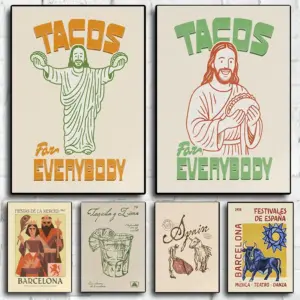 Retro Vintage Wall Art Print Hispanic Latin Decor Poster Celebrating Mexican Spanish Culture Matador Taco Tequila Illustration